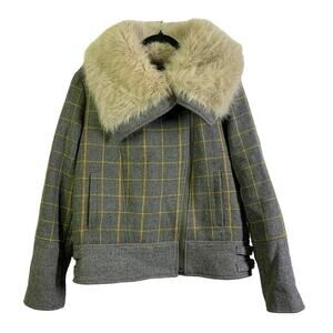 BANANA REPUBLIC Coat Jacket Moto Plaid‎ Faux Fur Collar Tweed Zip Cuffs